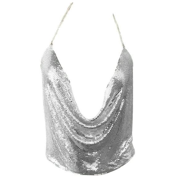 Sparkly Metallic Sequins Cowl V-Neck Chain Backless Camisole for Women Festival Nightclub Jewelry Top