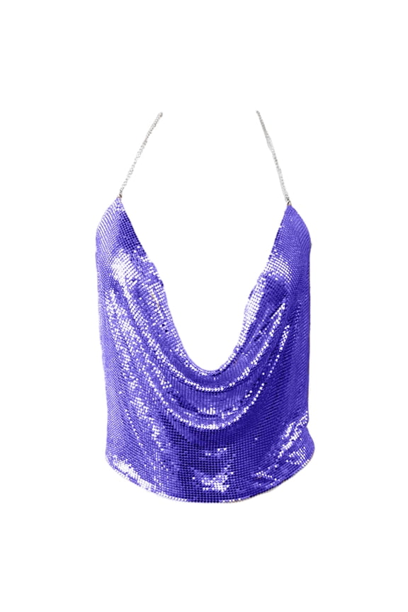 Sparkly Metallic Sequins Cowl V-Neck Chain Backless Camisole for Women Festival Nightclub Jewelry Top