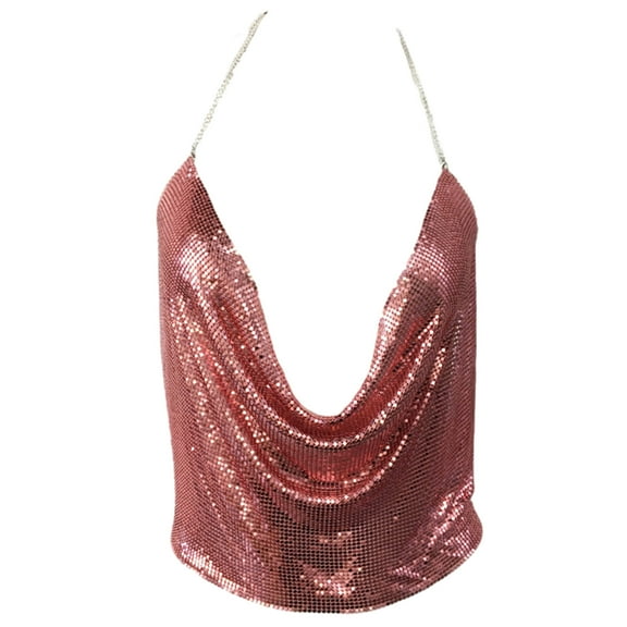 Sparkly Metallic Sequins Cowl V-Neck Chain Backless Camisole for Women Festival Nightclub Jewelry Top