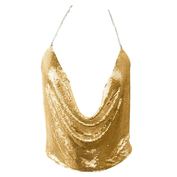 Sparkly Metallic Sequins Cowl V-Neck Chain Backless Camisole for Women Festival Nightclub Jewelry Top