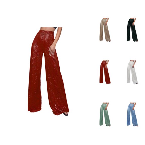 Sparkly Pants for Women 2026 Fashion Sequin High Waisted Loose Flowy Shiny Wide Leg Rave Pants