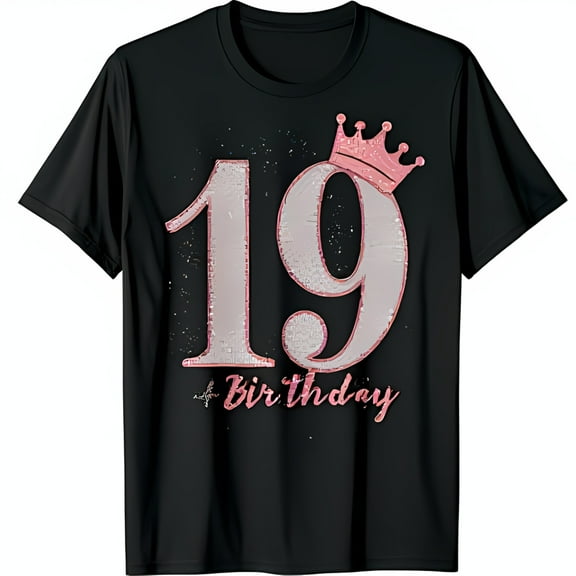 Sparkly Pink Crown & Glittery White 19 Birthday Black T-Shirt for 19th Celebration