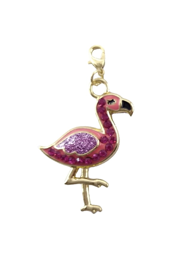 Sparkly Pink Flamingo Pendant Charm in Gold