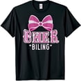 thumbnail image 1 of Sparkly Pink & Silver Bow Black T-Shirt with CHEER BILING Design for Cheerleaders, 1 of 5