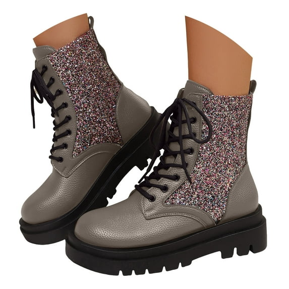 Sparkly Platform Combat Boots for Women Fashion Lace Up Glitter Ankle Booties Thick Sole Motorcycle Boots