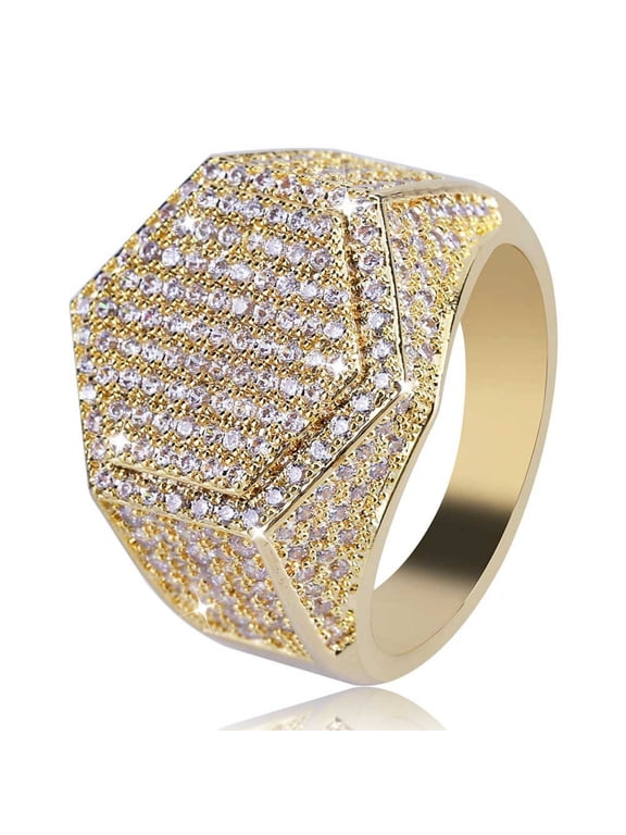Sparkly Punky Rapper Luxury Trendy Hexagon Rings for Men Cool Iced out Hip Hop Cubic Zirconia Domineering Men Rings