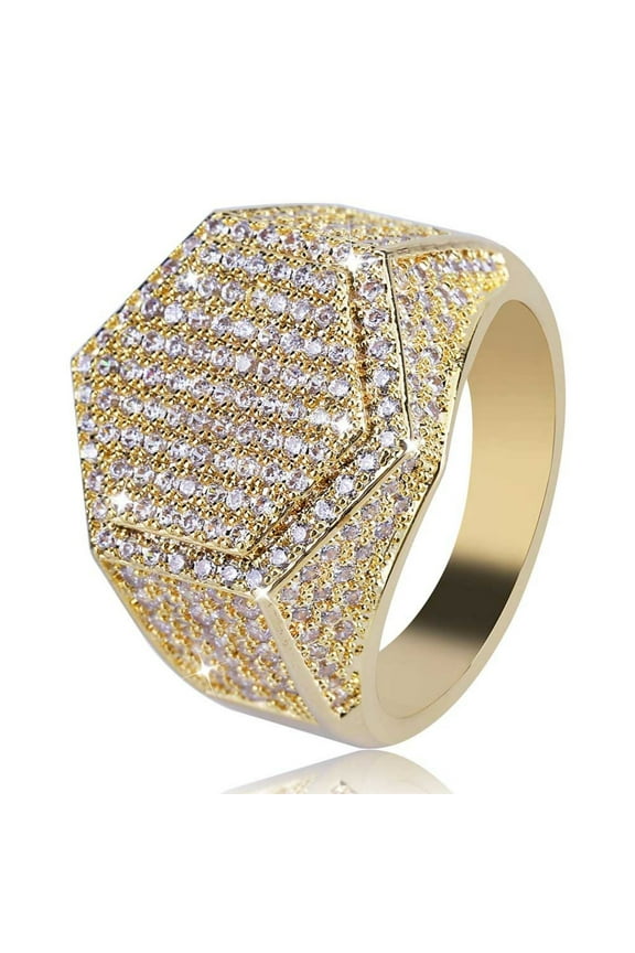 Sparkly Punky Rapper Luxury Trendy Hexagon Rings for Men Cool Iced out Hip Hop Cubic Zirconia Domineering Men Rings