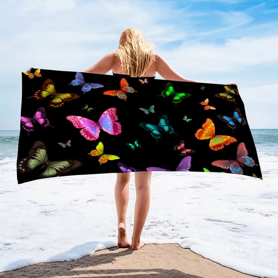 Sparkly Purple Butterfly Print Beach Towel, Quick-Dry Microfiber, Sand-Resistant and Super Absorbent, Ideal for Beach, Pool, Travel, and Yoga 27x55in