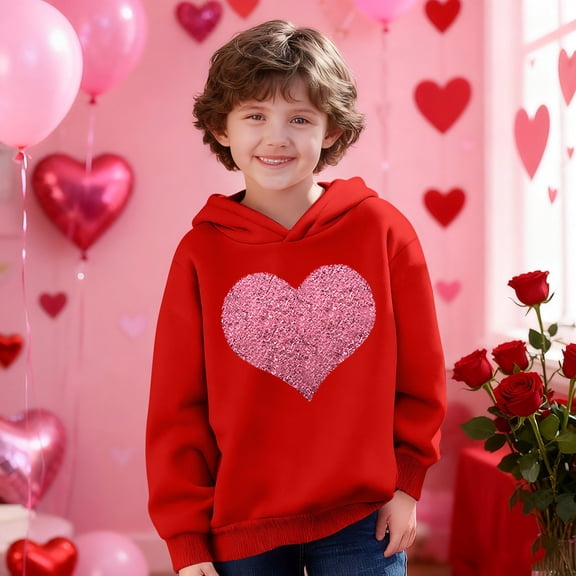 Sparkly Red Sequin Heart Hoodie for Girls, Oversized Teen Pullover Hoodie No Drawstring, 100% Polyester, Youth Sizes 100-160,Size 4 T