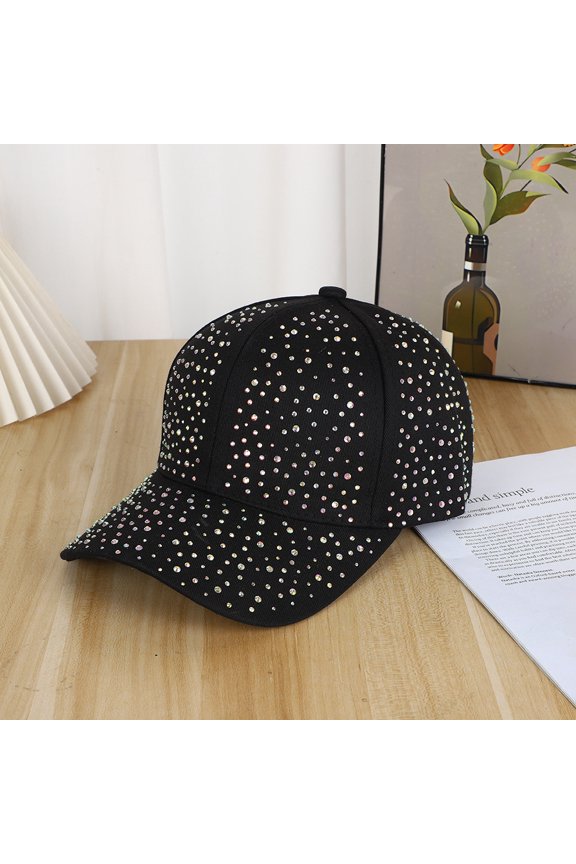 Sparkly Rhinestone Baseball Cap, Bling Crystal Studded Casual Hat-Black colored diamond