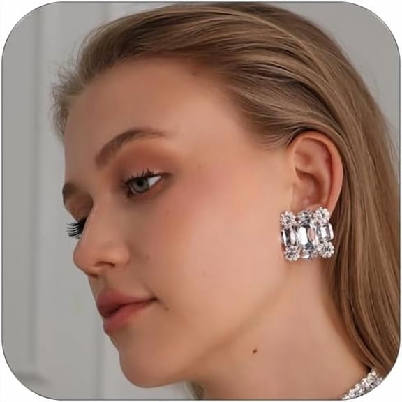 Sparkly Rhinestone Clip Pro On Earrings for Women Innovative Jewelry Statement Square Earrings No Piercing Earring suitable for Wedding Party Prom Gift[i482]