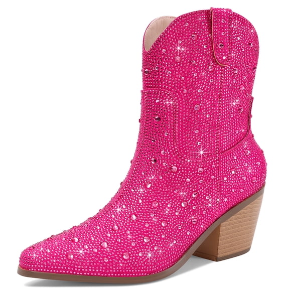 RONILURN Sparkly Rhinestone Cowgirl Boots for Women, Western Block Heel Ankle-High Cowboy Boots Pointy Toe, Block Heel