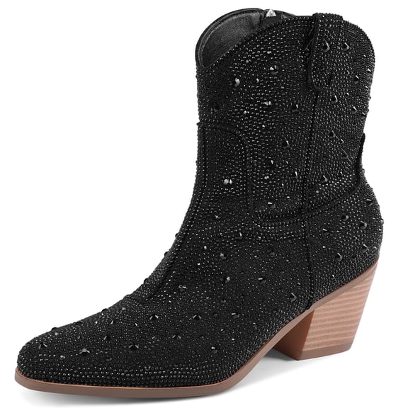 RONILURN Sparkly Rhinestone Cowgirl Boots for Women, Western Block Heel Ankle-High Cowboy Boots Pointy Toe, Block Heel