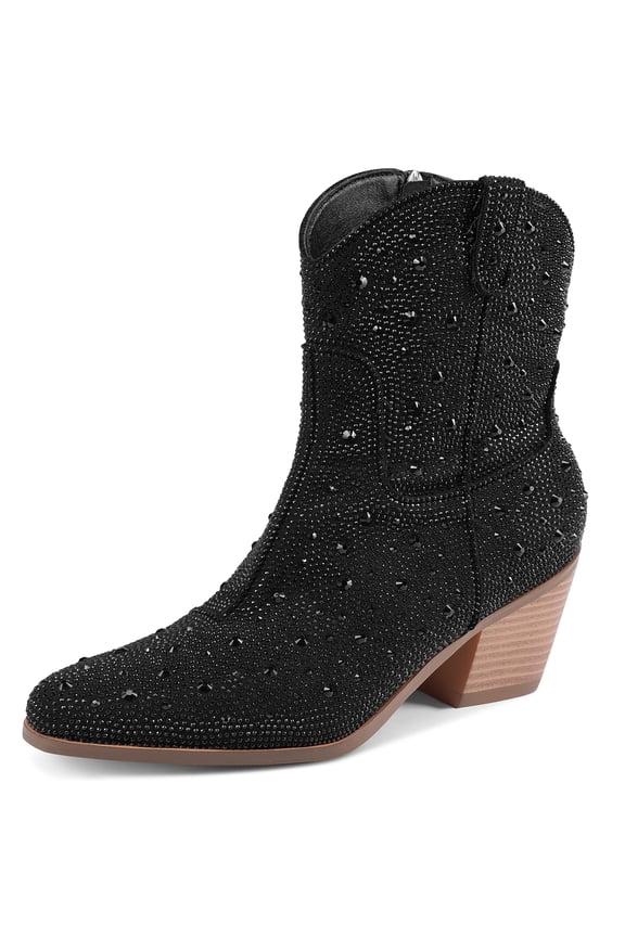Sparkly Rhinestone Cowgirl Boots for Women, Western Block Heel Ankle-High Cowboy Boots Pointy Toe, Block Heel