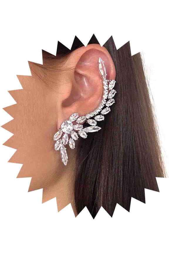 Sparkly Rhinestone Ear Cuff Earring Silver Crystal Ear Climber Earring Crystal Leaf Ear Cuff Crawler Earring Rhinestone Leaf Cuff Wrap Earring Bling Cluster Cz Bridal Earring Jewelry