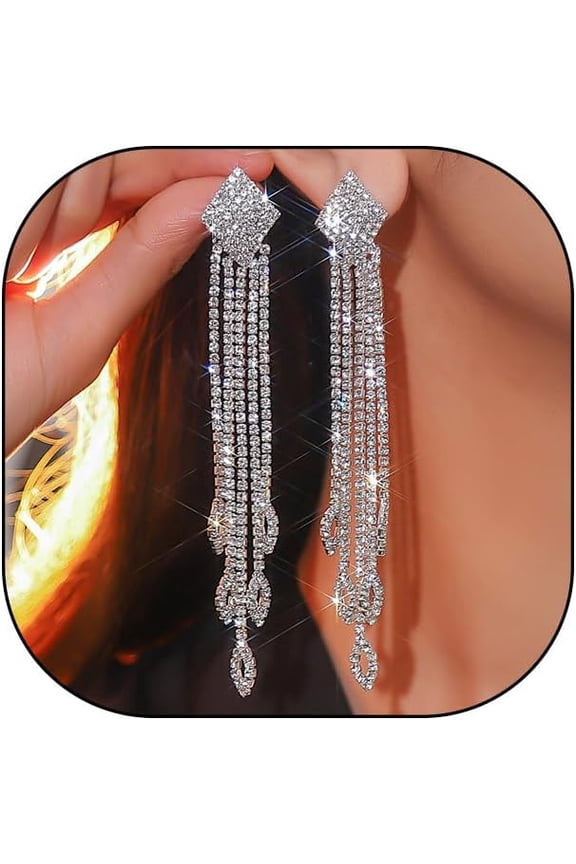 Sparkly Rhinestone Earrings for Women Long Tassel Crystal Chandelier Statement Earrings Bling Wedding Bridal Bridesmaid Costume Jewelry Accessories