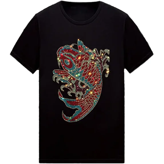 Sparkly Rhinestone Koi Fish Graphic Unisex Cotton Short Sleeve Gemstone T-Shirt