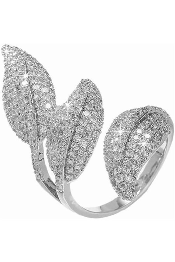 Sparkly Rhinestone Leaf Wrap Open Band Rings for Women Cubic Zirconia Geometry Flower Leaves Layered Climber Finger Bands Statement Ring Dainty Jewelry Adjustable