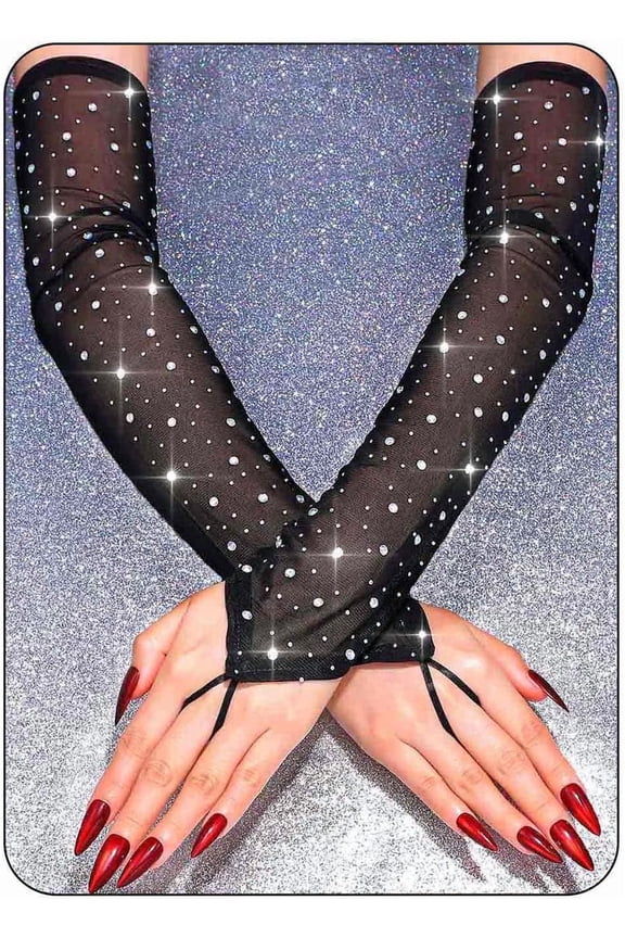 Sparkly Rhinestone Long Mesh Gloves Fingerless Elbow Length Arm Sleeves Prom Costume Glove for Women