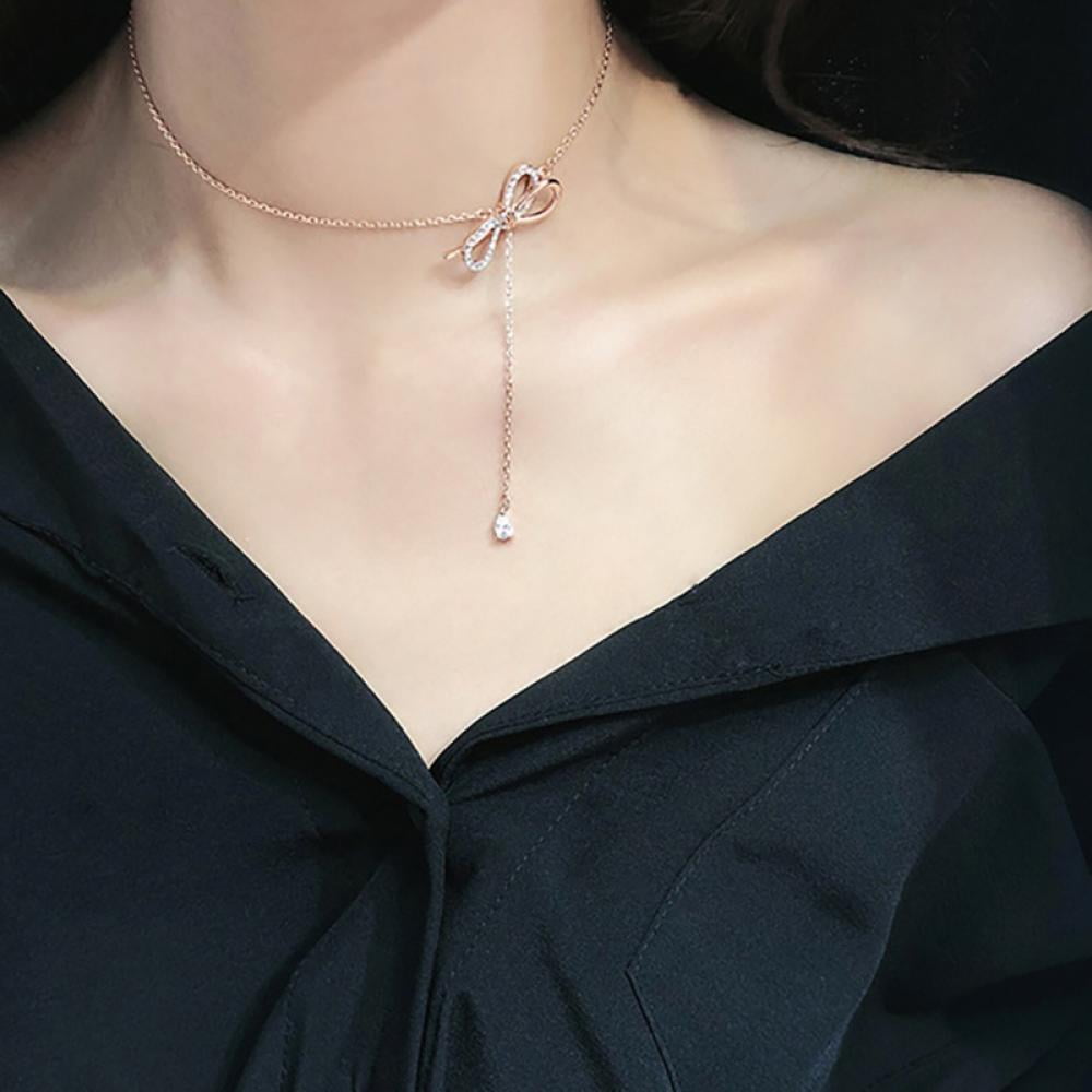 Sparkly Rhinestone Necklace Crystal Bowknot Pendant Choker Dainty Tennis  Chain Party Ball Nightclub Costume Jewelry for Women and Girls 
