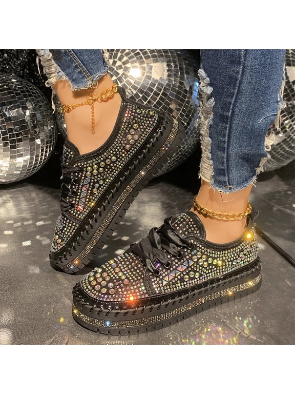 Sparkly Rhinestone Platform Sneakers for Women Men, Lace Up Glitter Casual Chunky Shoes, Fashion Comfortable Round Toe Walking Sneakers