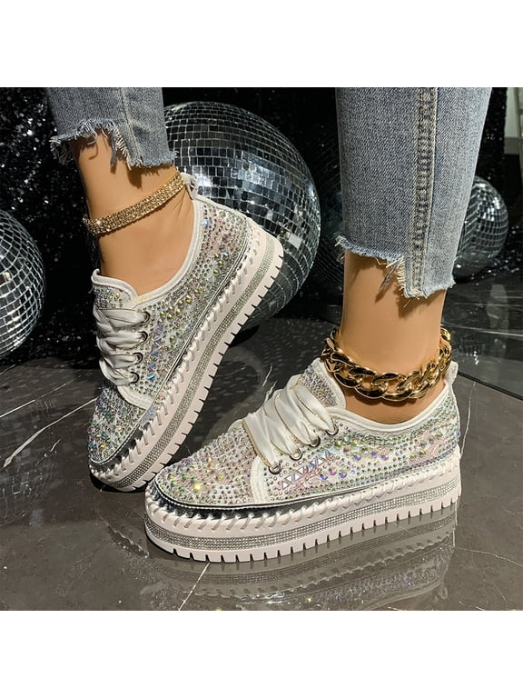 Sparkly Rhinestone Platform Sneakers for Women Men, Lace Up Glitter Casual Chunky Shoes, Fashion Comfortable Round Toe Walking Sneakers