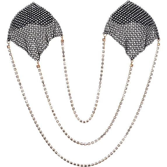 Sparkly Rhinestones Metal Chain Nipple Cover with Tassel, Reusable Adhesive Pasties Sexy Bra Body Chain