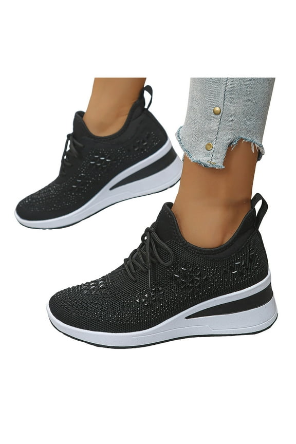 Sparkly Rhinestones Platform Wedge Walking Shoes for Women Fashion Breathable Mesh Bling Nursing Work Tennis Sneakers