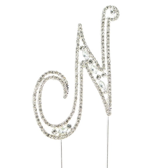 Sparkly Rhinestones Silver Cake Topper - Monogram Letter Decoration for Wedding, Birthday, Gender Reveal & Anniversary Cakes (N)