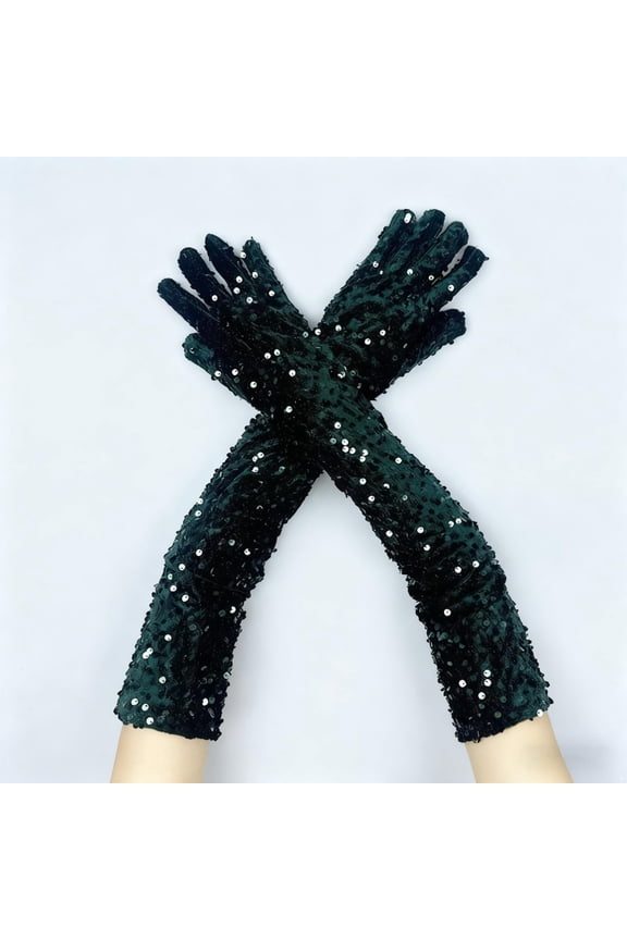 Sparkly Sequin Arm Sleeves, Long Velvet Glove Sleeves for Women, Evening Glove Sleeves for Prom Wedding Carnival Party and Cosplay Costume Accessories - Blackish Green
