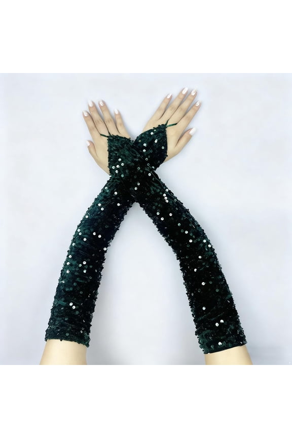 Sparkly Sequin Arm Sleeves, Long Velvet Glove Sleeves for Women, Evening Glove Sleeves for Prom Wedding Carnival Party and Cosplay Costume Accessories - Blackish Green