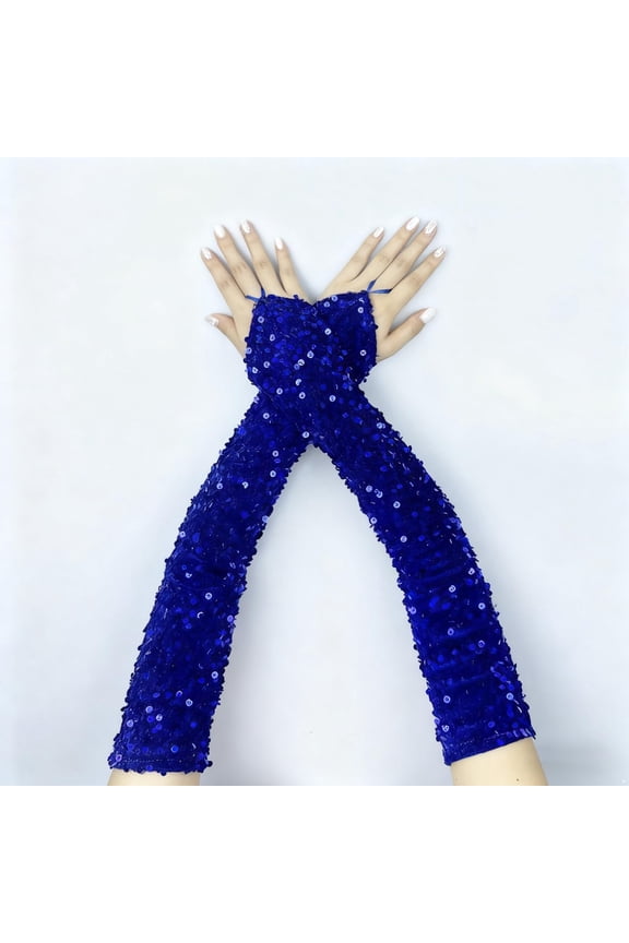 Sparkly Sequin Arm Sleeves, Long Velvet Glove Sleeves for Women, Evening Glove Sleeves for Prom Wedding Carnival Party and Cosplay Costume Accessories - Blue