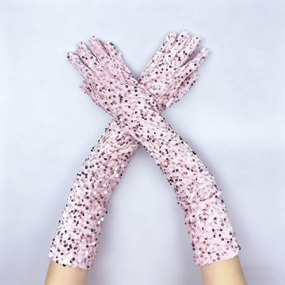 Sparkly Sequin Arm Sleeves, Long Velvet Glove Sleeves for Women, Evening Glove Sleeves for Prom Wedding Carnival Party and Cosplay Costume Accessories - Pink