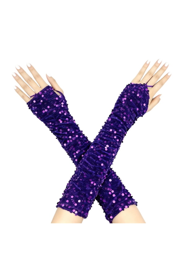Sparkly Sequin Arm Sleeves, Long Velvet Glove Sleeves for Women, Evening Glove Sleeves for Prom Wedding Carnival Party and Cosplay Costume Accessories - Purple