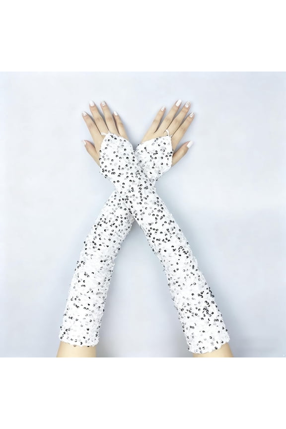 Sparkly Sequin Arm Sleeves, Long Velvet Glove Sleeves for Women, Evening Glove Sleeves for Prom Wedding Carnival Party and Cosplay Costume Accessories - White