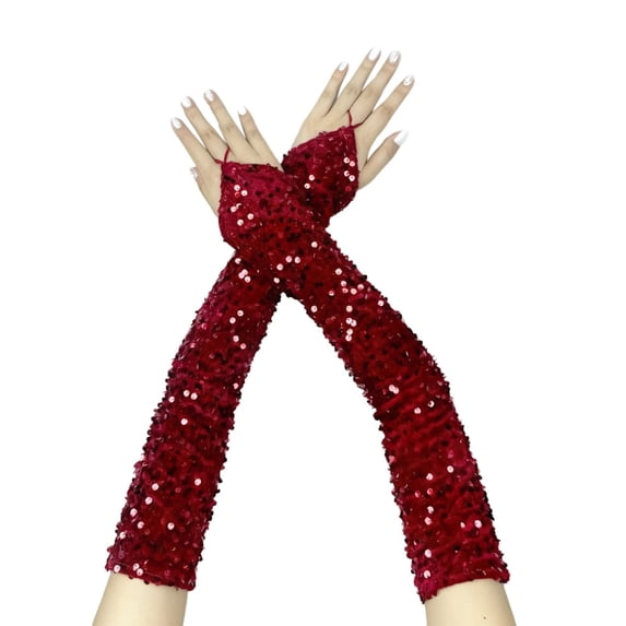 Sparkly Sequin Arm Sleeves, Long Velvet Glove Sleeves for Women, Evening Glove Sleeves for Prom Wedding Carnival Party and Cosplay Costume Accessories - Wine