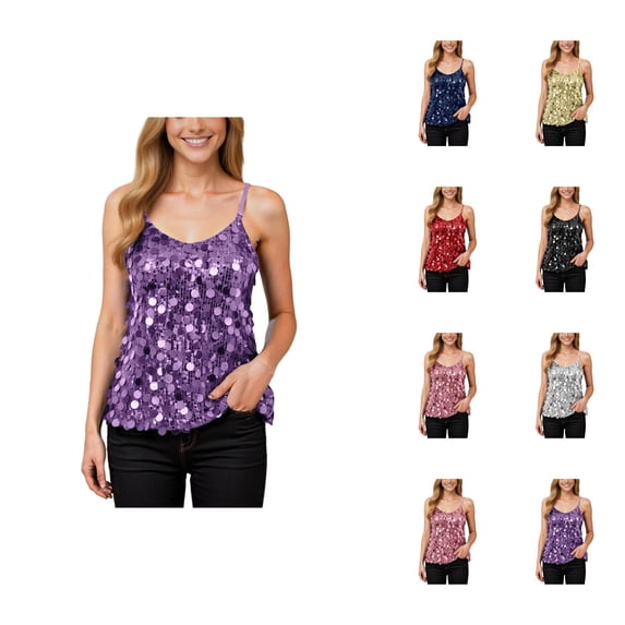 Sparkly Sequin Camisole Tops for Women V Neck Spaghetti Strap Shiny Sequins Cami Tank Top Rave Party Clubwear