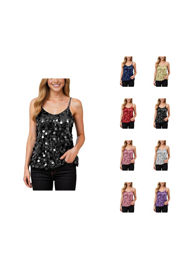 Sparkly Sequin Camisole Tops for Women V Neck Spaghetti Strap Shiny Sequins Cami Tank Top Rave Party Clubwear