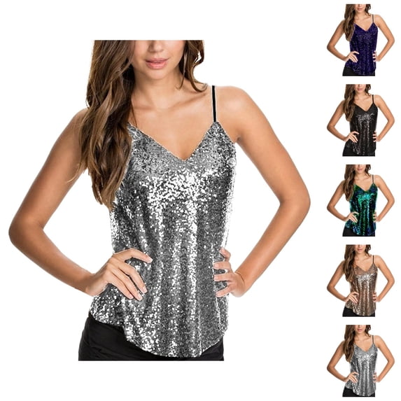 Sparkly Sequin Camisole Tops for Women V Neck Spaghetti Strap Shiny Sequins Cami Tank Tops Rave Party Clubwear