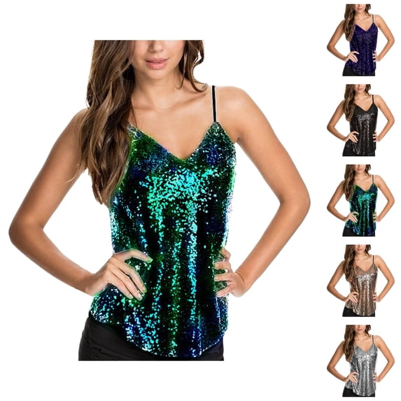 Sparkly Sequin Camisole Tops for Women V Neck Spaghetti Strap Shiny Sequins Cami Tank Tops Rave Party Clubwear