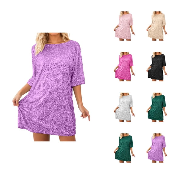 Sparkly Sequin Casual Dress For Short Sleeve Round Neck Loose Fit Party Wear Elegant Tunic Top Daily Outfits Comfortable Club Night Outing Versatile Ladies Apparel