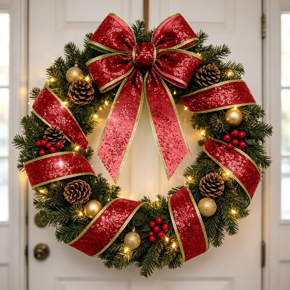 Sparkly Sequin Christmas Ribbon, Red 2 In x 10 Yd Wired Edge Ribbon for Gift Wrapping, Bows, Wreaths and Tree Decor