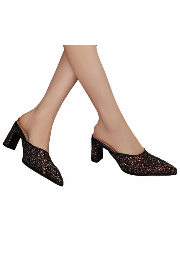 Sparkly Sequin Dress High Heels Mules Slides Sandals for Women Bride Wedding Glitter Pointed Toe Heeled Slip on