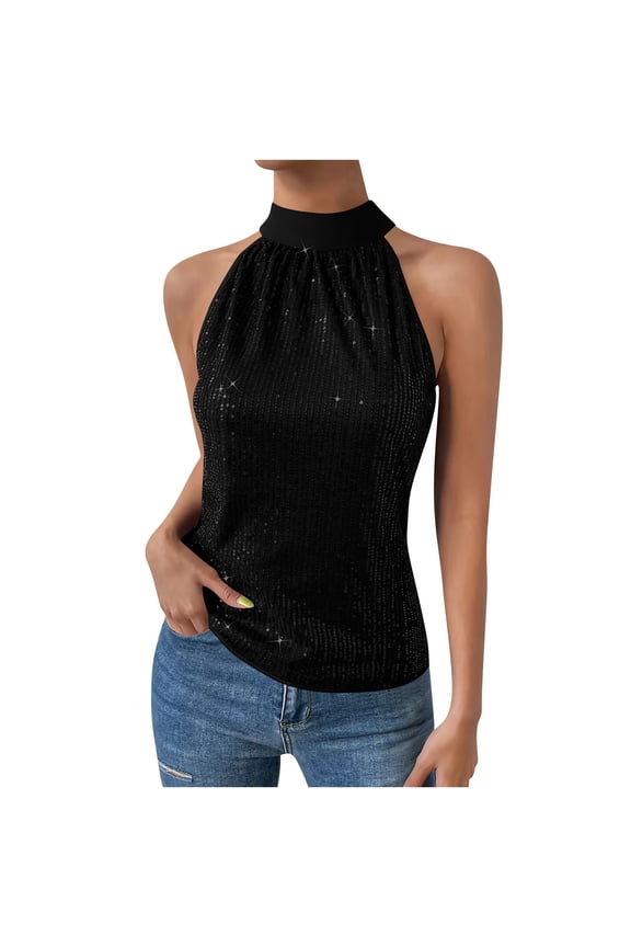 Sparkly Sequin Halter Tops for Women Sleeveless Mock Neck Shiny Tank Concert Club Glitter Outfits Party Shirts