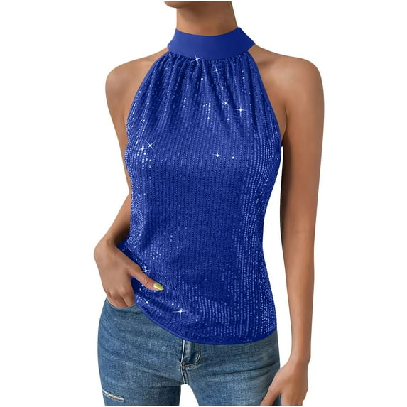 Sparkly Sequin Halter Tops for Women Sleeveless Mock Neck Shiny Tank Concert Club Glitter Outfits Party Shirts