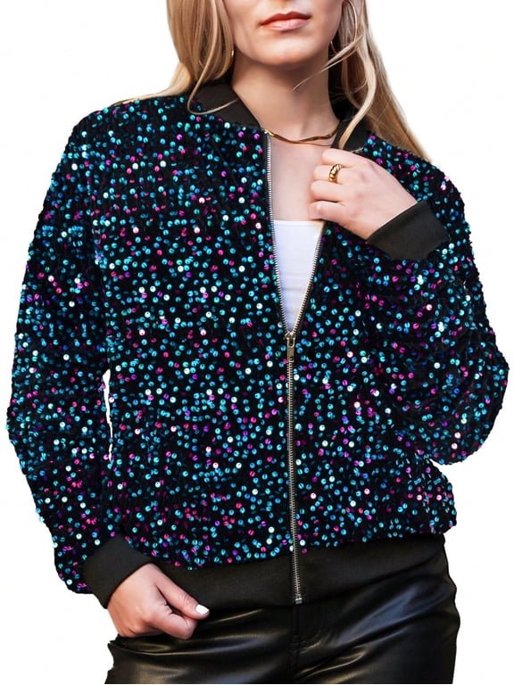 Sparkly Sequin Jacket Glitter Long Sleeves Zip Up Bomber Velvet Jacket - Large, Neon