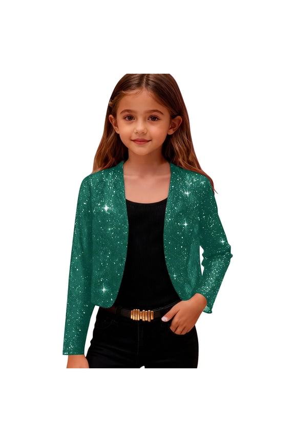 Sparkly Sequin Jackets for Girls Cropped Blazer Jacket Glitter Shiny Open Front Coats Casual Outerwear Short Coat Green 170