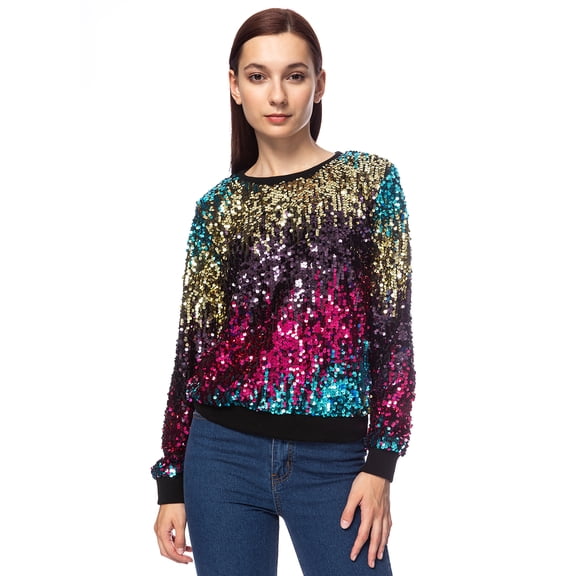 Sparkly Sequin Long Sleeve Glam Disco Bling Holiday Pullover Sweat Shirt Top