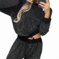 thumbnail image 1 of Sparkly Sequin Lounge Sets Crew Neck Long Sleeve Sweatshirt and High Waist Wide Leg Pants Black S, 1 of 6