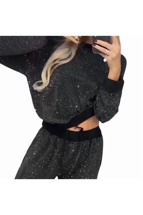 Sparkly Sequin Lounge Sets Crew Neck Long Sleeve Sweatshirt and High Waist Wide Leg Pants Black XXXL